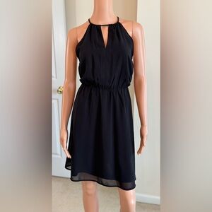 H&M Grecian Rope Neck Elastic Waist Flowing Chiffon Lined Black Mini Dress Sz 8